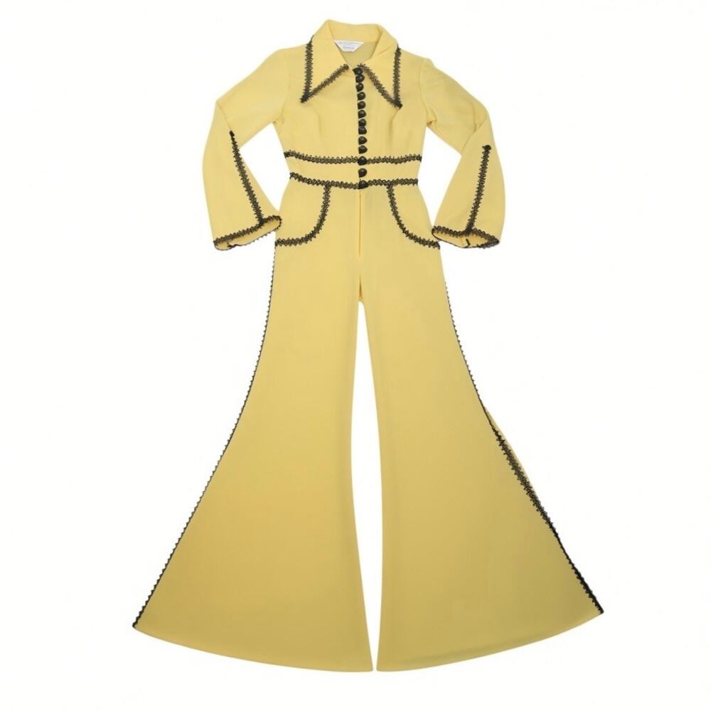 Vintage 70s JCPenney Yellow Bell Bottom Flare Jumpsuit Disco XS - Picture 1 of 9